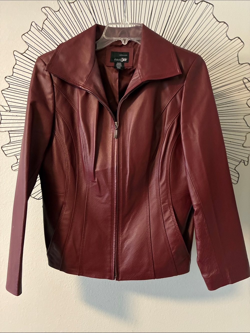 East 5th Genuine Leather Jacket Zip Front Pockets Wine Color Size Large Petite